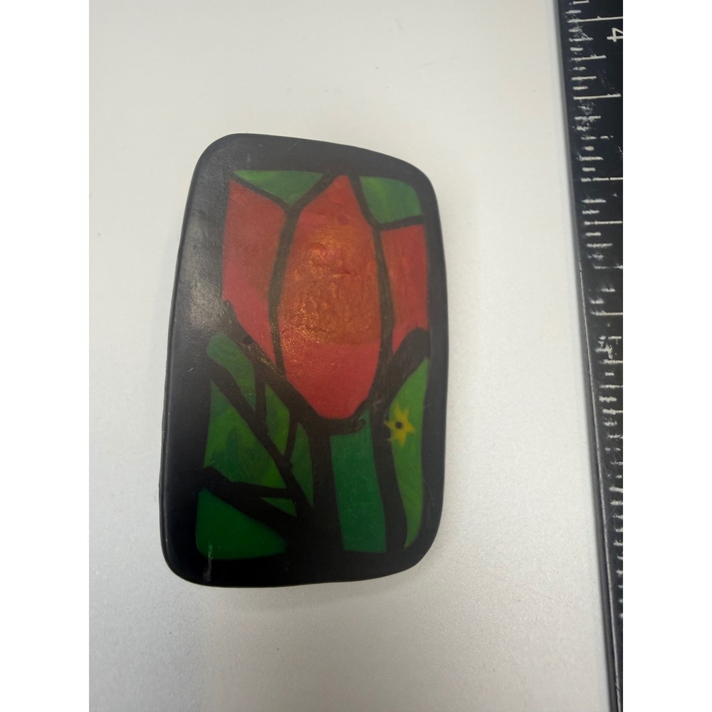 Artisan Signed Red Tulip Stained Glass Style Polymer Clay Brooch Pin Floral